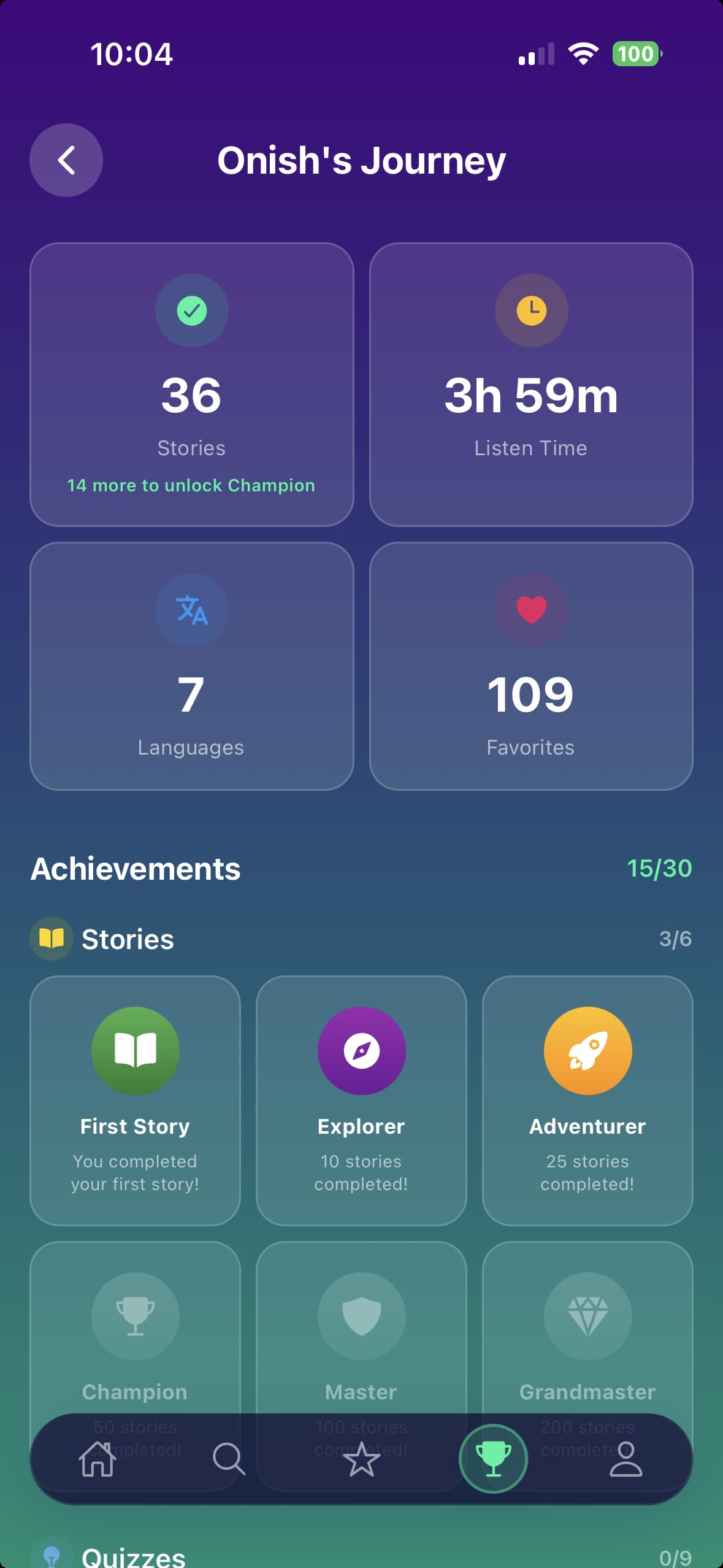 My Journey: track stories read, listen time, languages explored, and unlock achievements