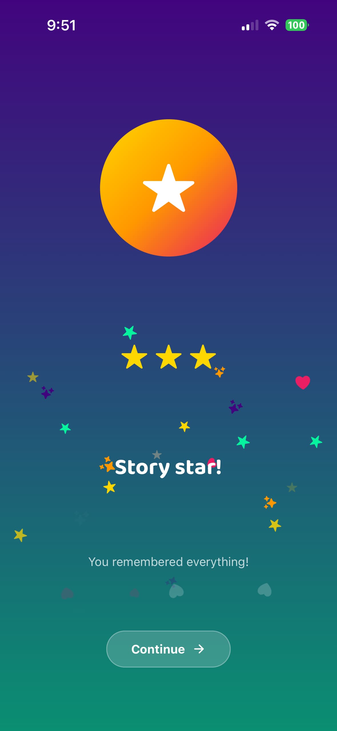 Story Star celebration: stars, badges, and confetti after a completed quiz