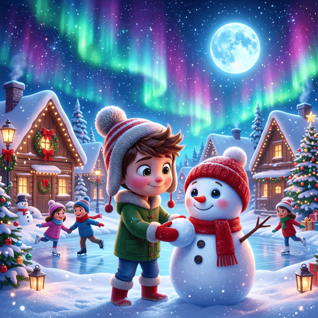 Snowman Under the Northern Lights